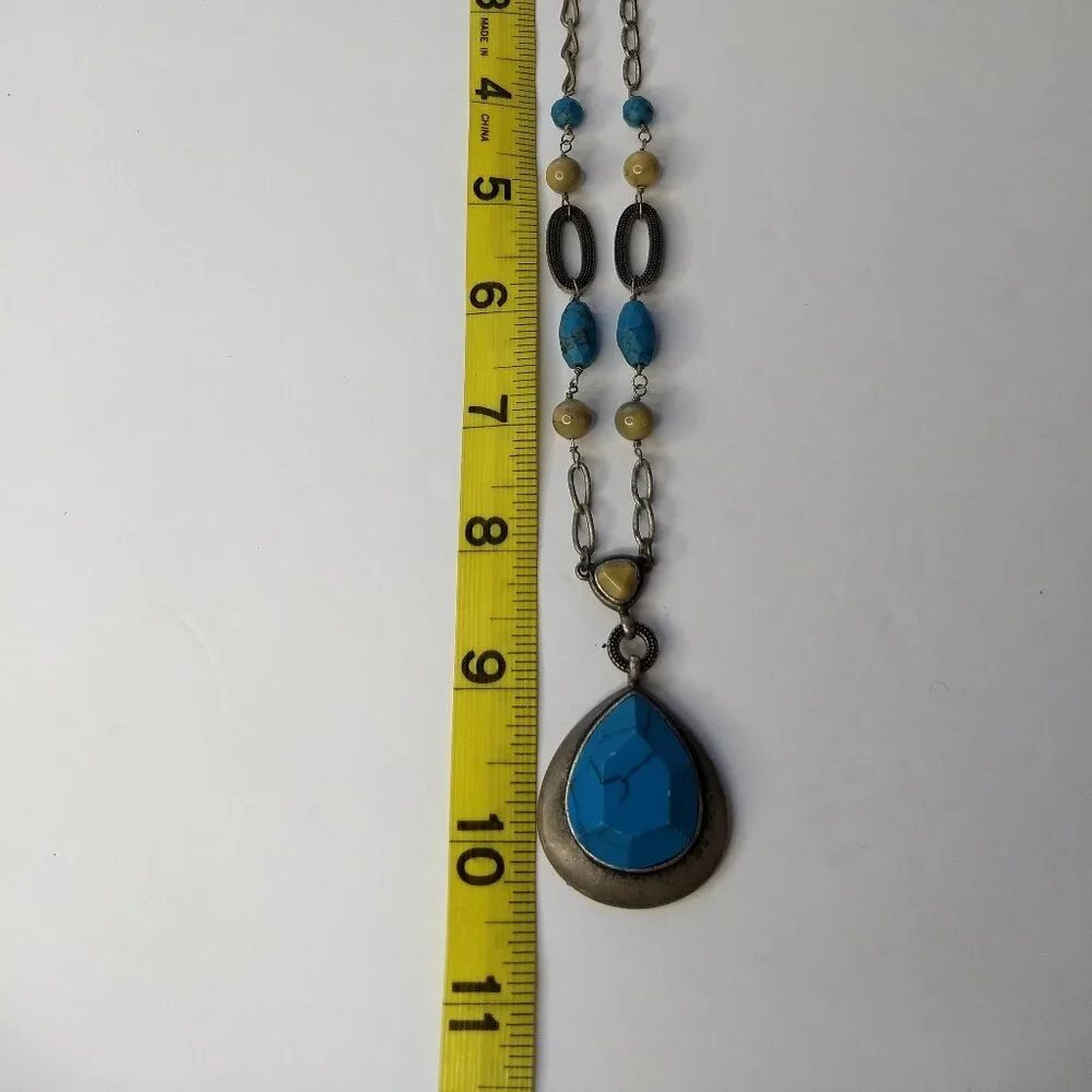 Lia Sophia Blue Faceted Pendant Necklace Silver Tone Mustard Stones Links Y2K